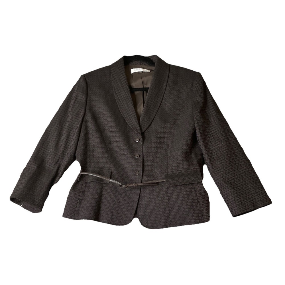 Tahari Womens 12 Blazer Brown Geometric Textured Belted Shawl Collar Jacket Chic